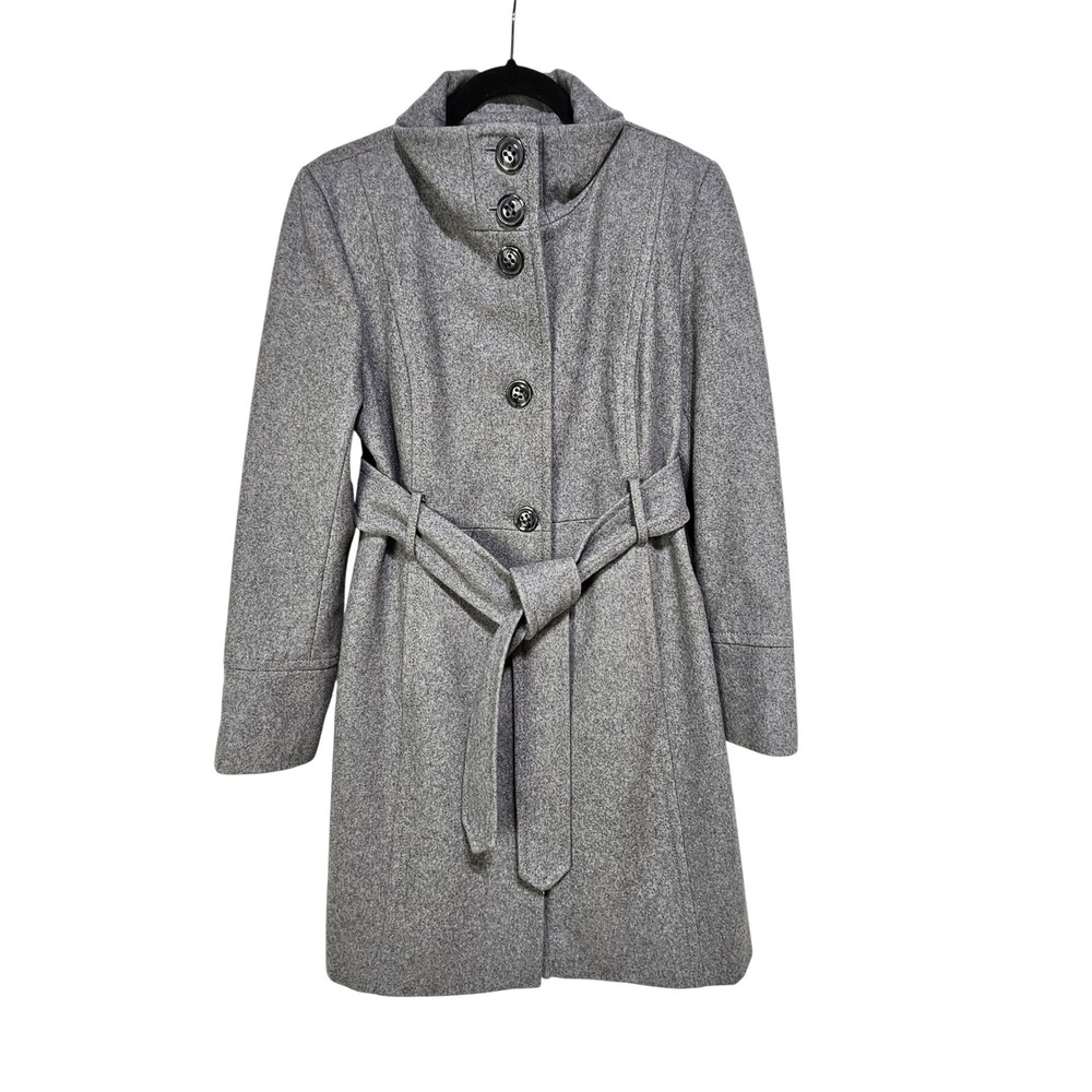 Nine West Gray Wool Blend Funnel Neck Belted Trench Coat 10 Classic Minimalist